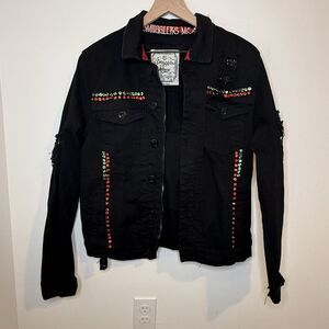 Smugglers Moon Size Small Black Distressed Denim Jacket with Red Embellishment